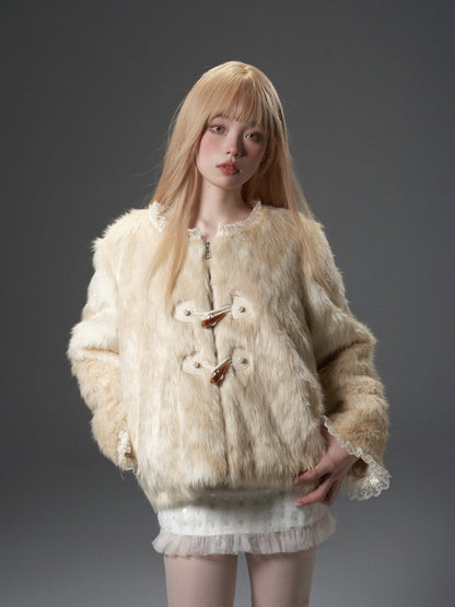 nu280 Gradient beige lace detachable fur jacket