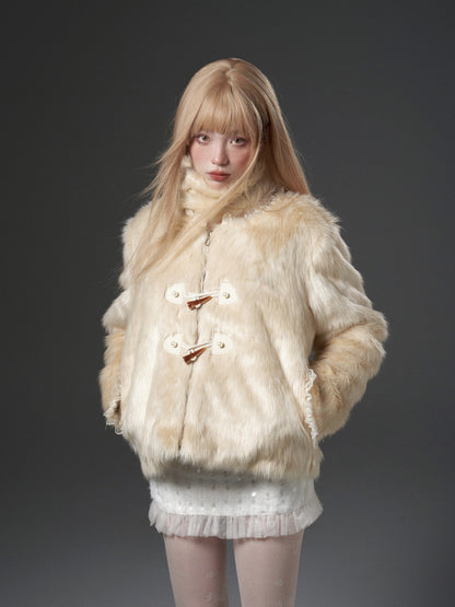 nu280 Gradient beige lace detachable fur jacket