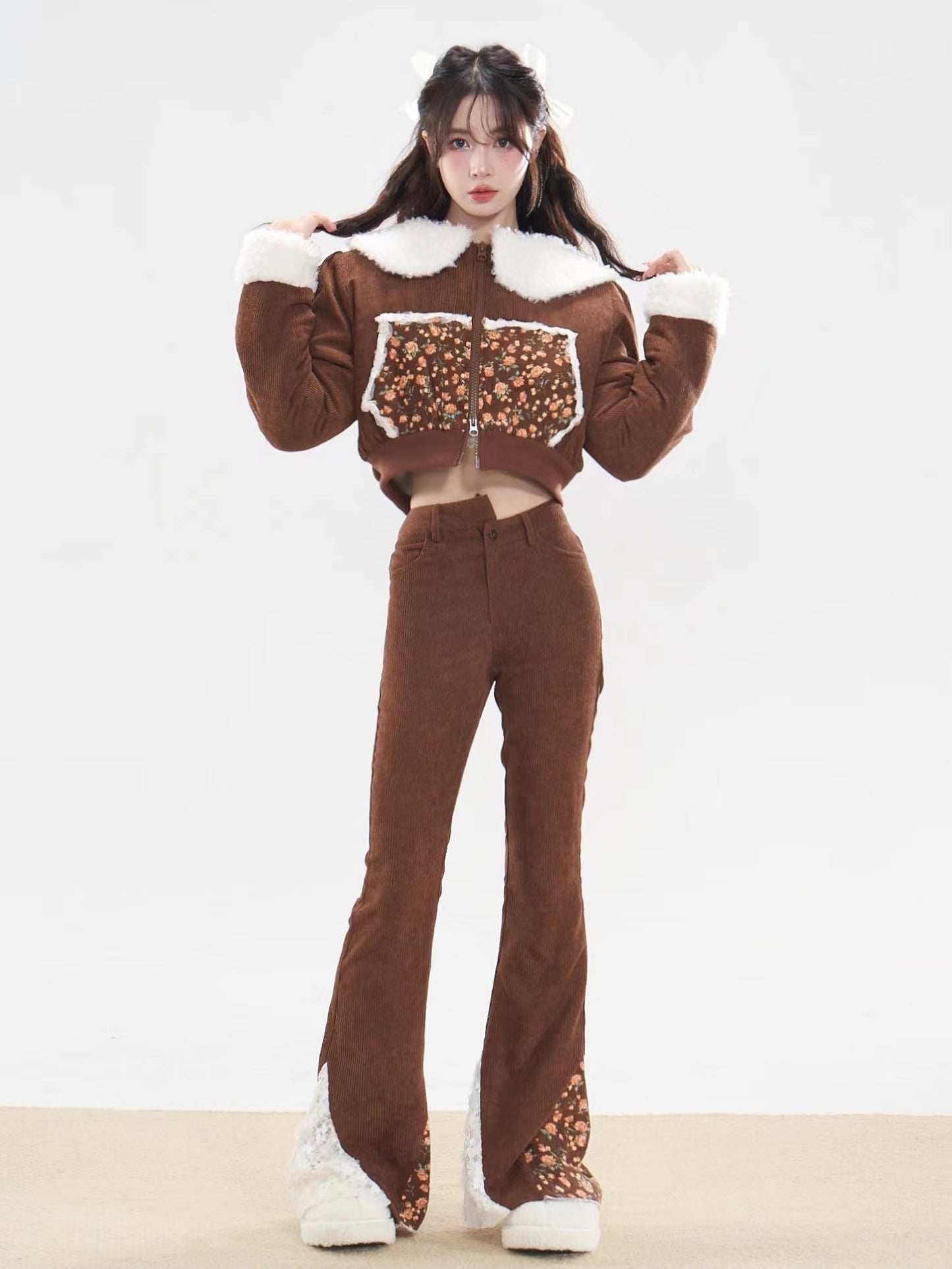 nu282 Corduroy floral patchwork fur coat / slimming bell bottoms