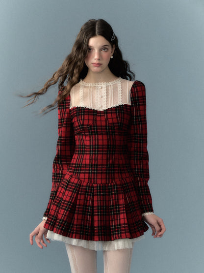 nu284 Christmas bow red lace patchwork plaid dress