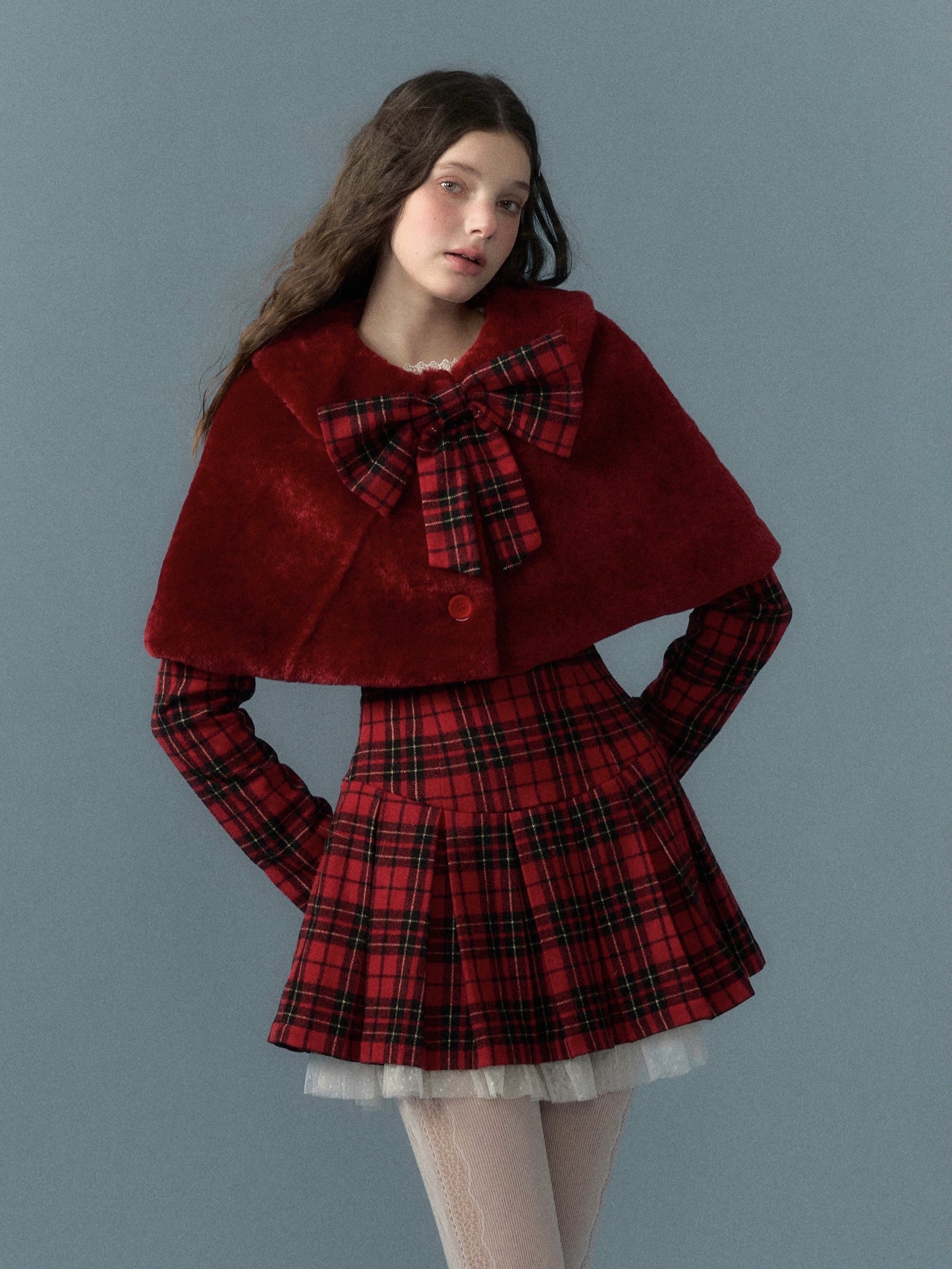 nu284 Christmas bow red lace patchwork plaid dress