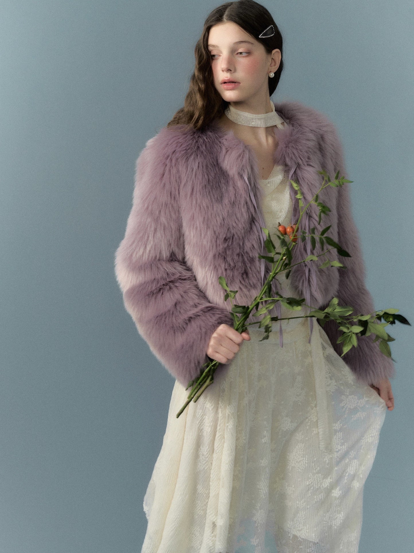 nu285 Cream purple leather bow fur coat