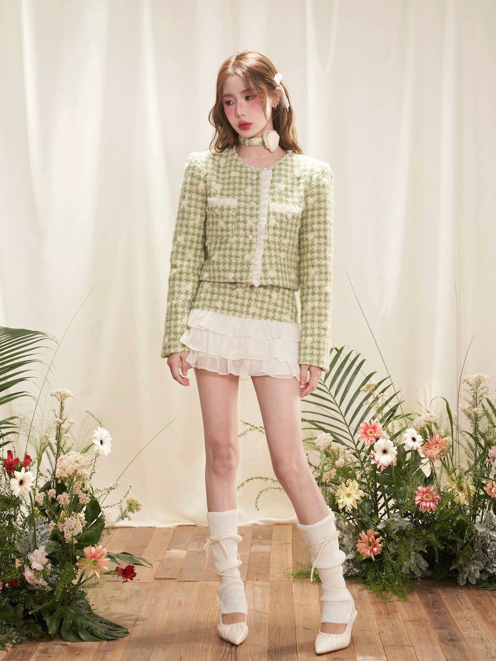 nu294 Flower fragrance lace jacket / cake skirt