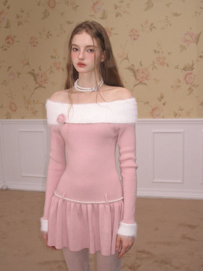 nu296 "Rose Ballet" one-shoulder faux mink knitted dress