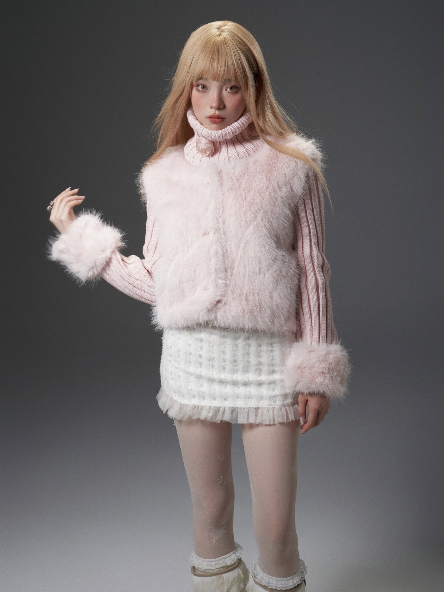 nu297 Pink knitted turtleneck detachable scarf fur vest jacket