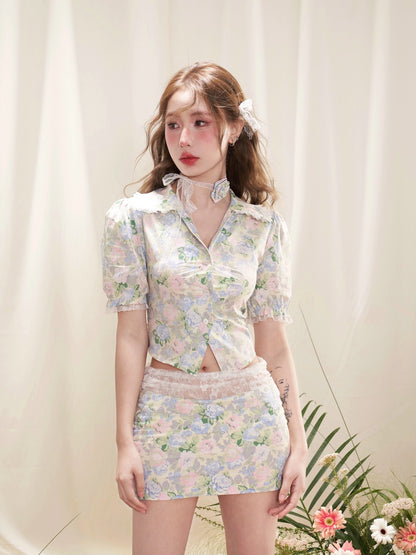 nu305 Lace floral splicing lapel short shirt / skirt