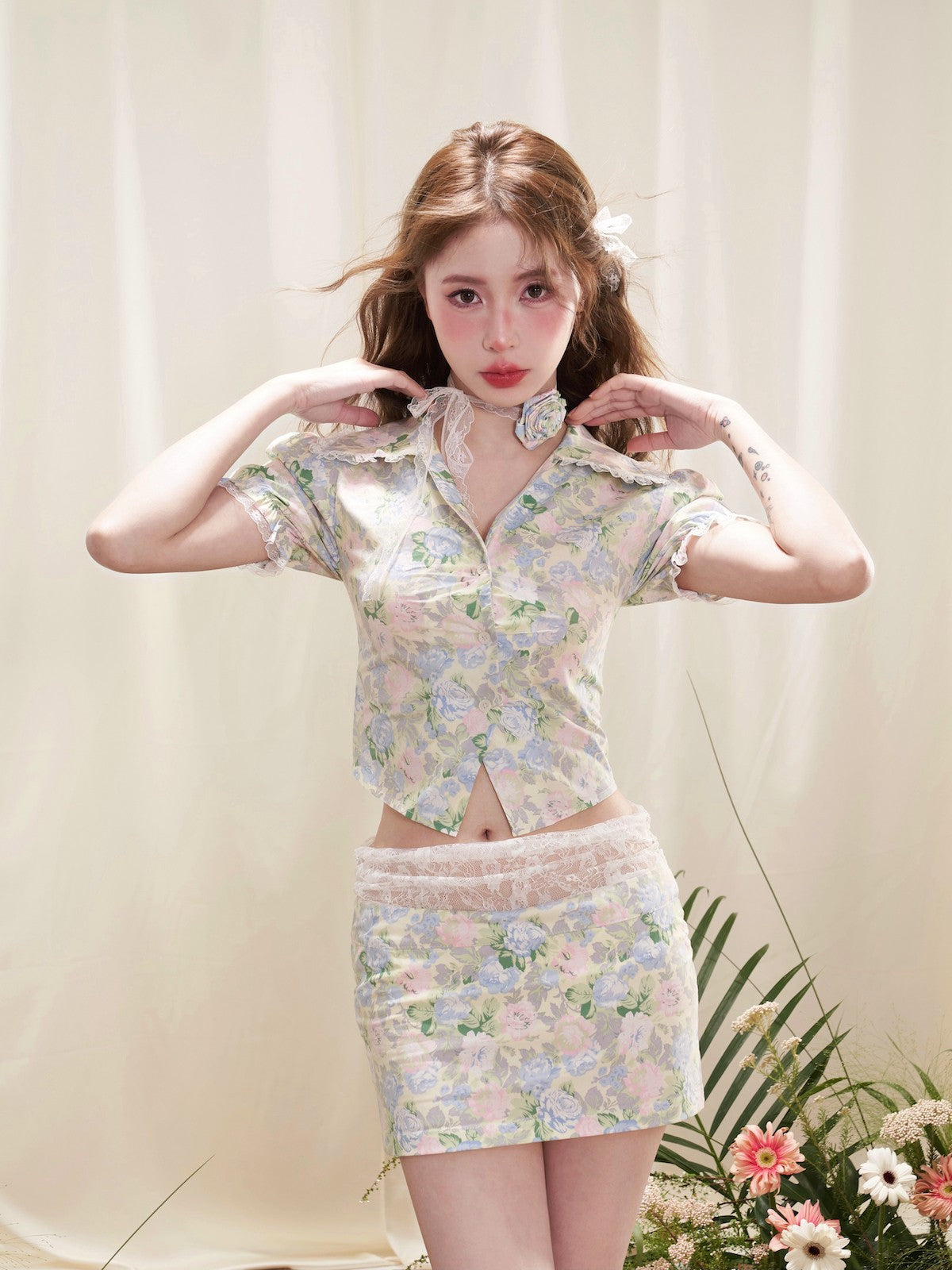 nu305 Lace floral splicing lapel short shirt / skirt