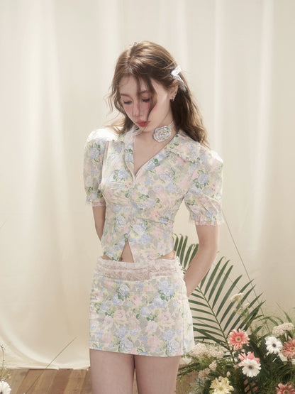 nu305 Lace floral splicing lapel short shirt / skirt