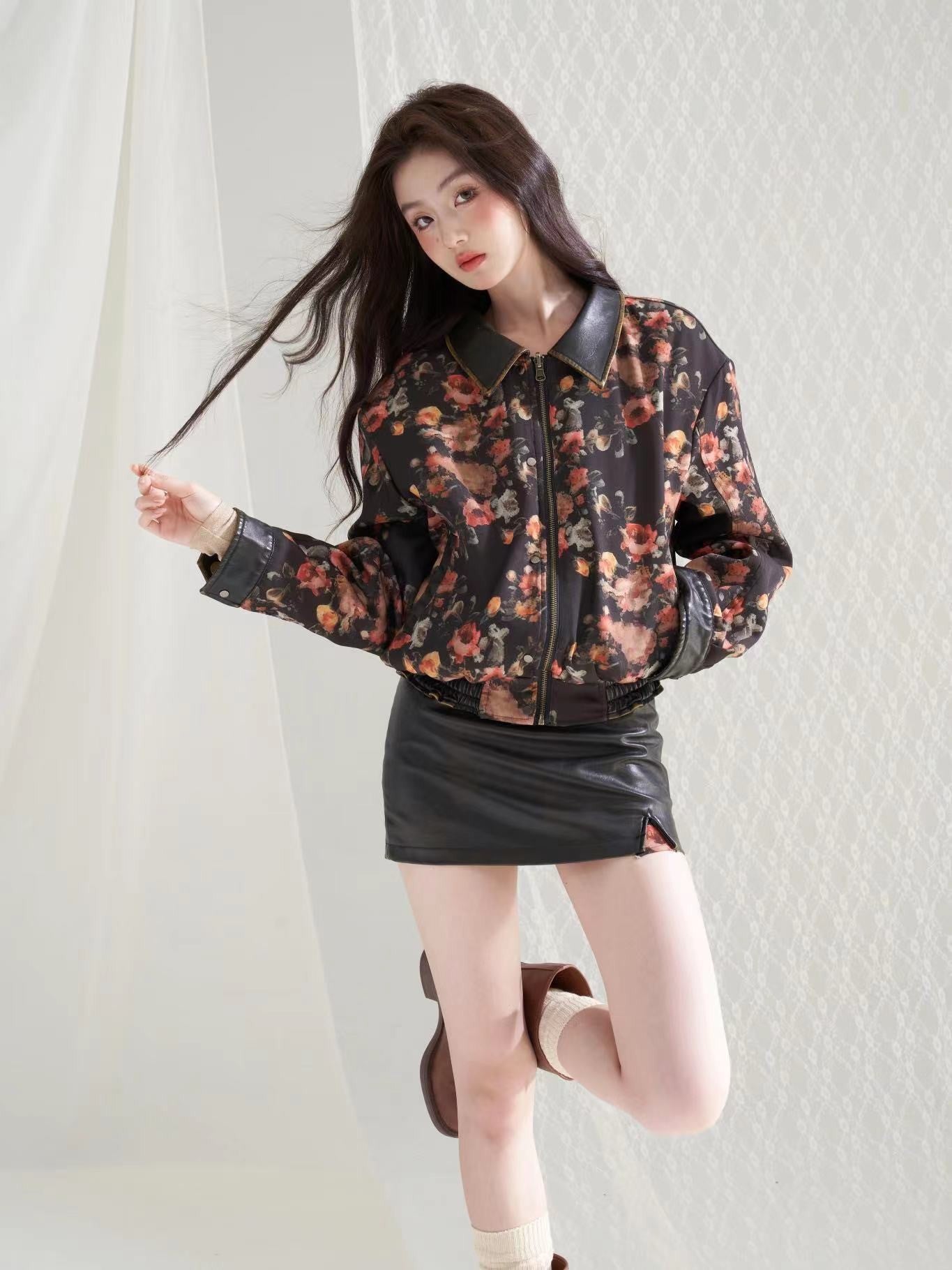 nu306 Reversible floral leather jacket / skirt