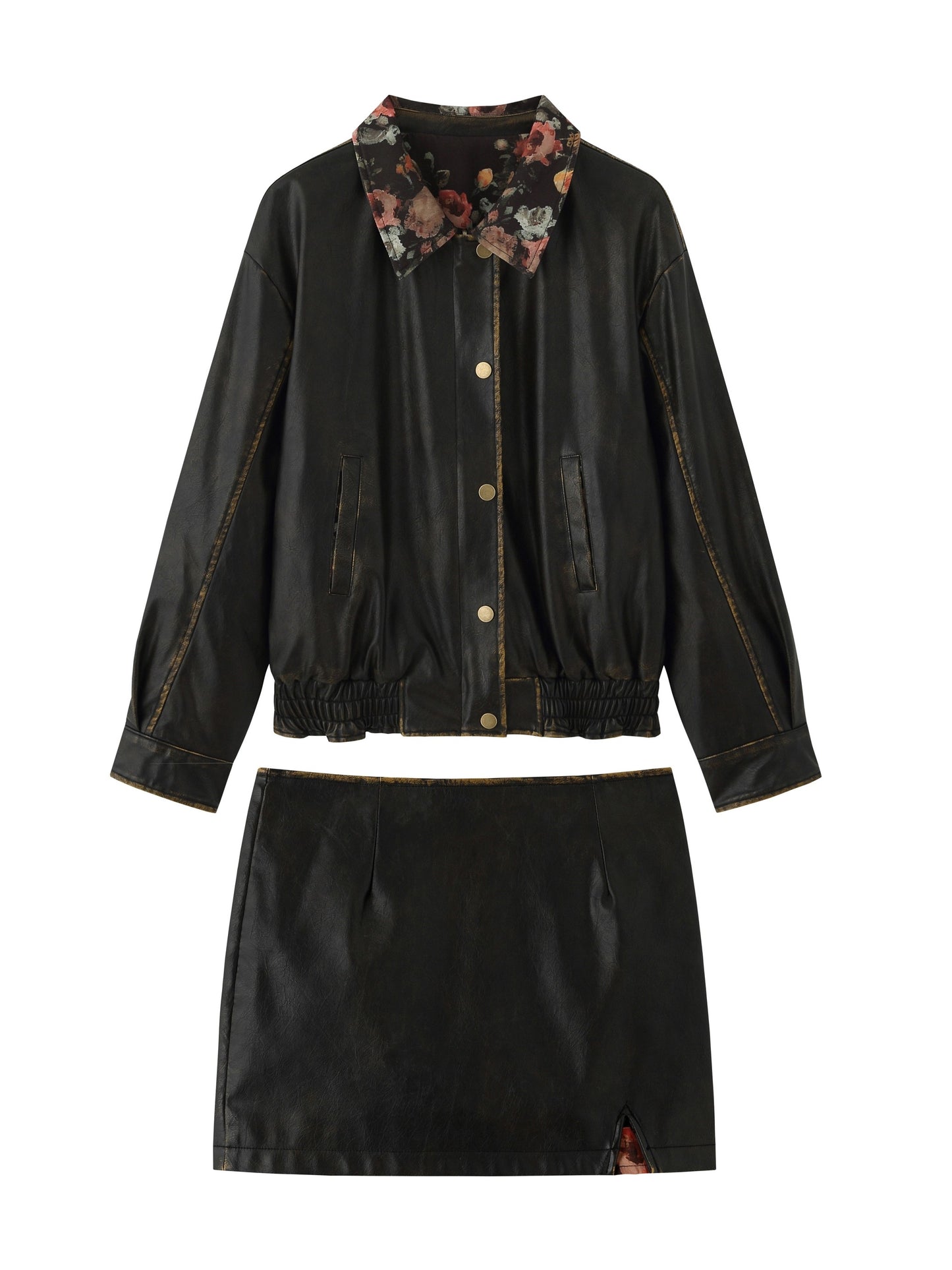 nu306 Reversible floral leather jacket / skirt