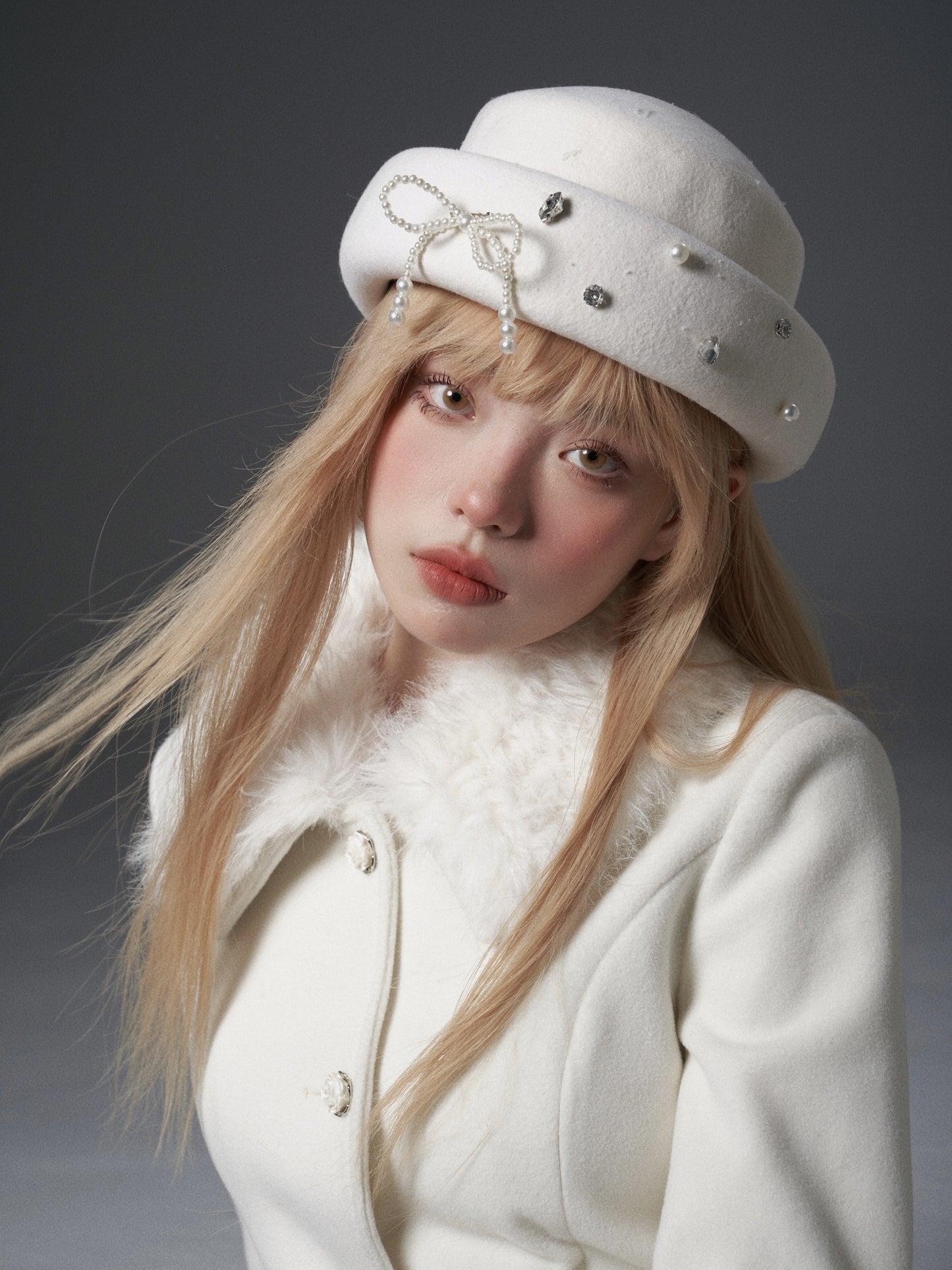 nu309 Bow pearl hand-stitched diamond woolen hat