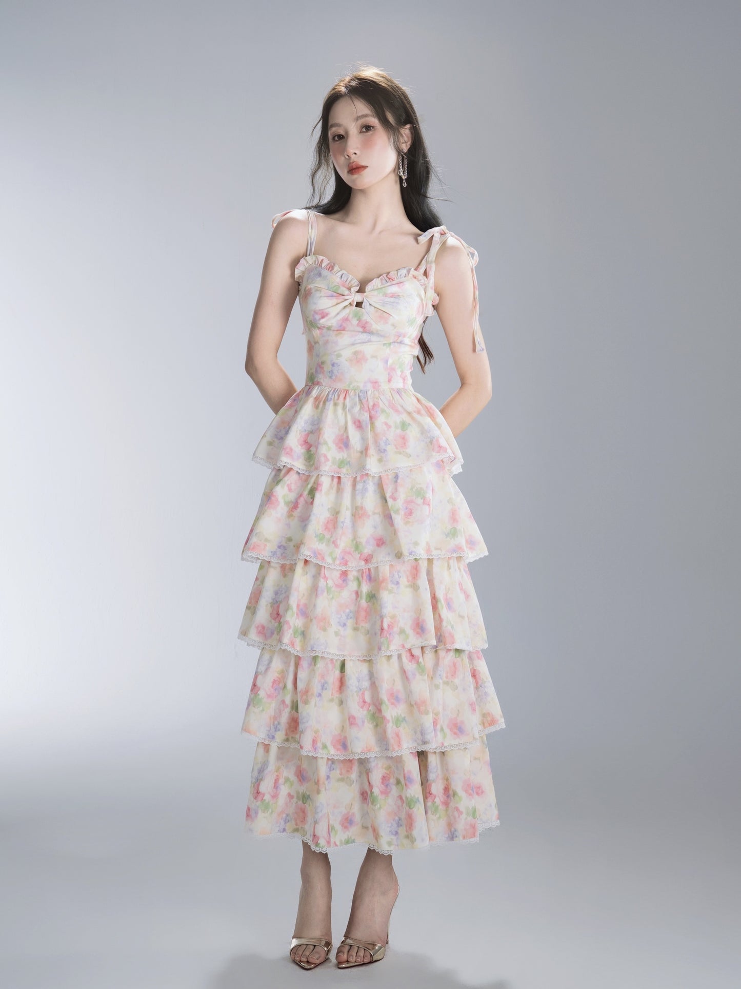 nu302 Floral bow strap lace cake skirt dress