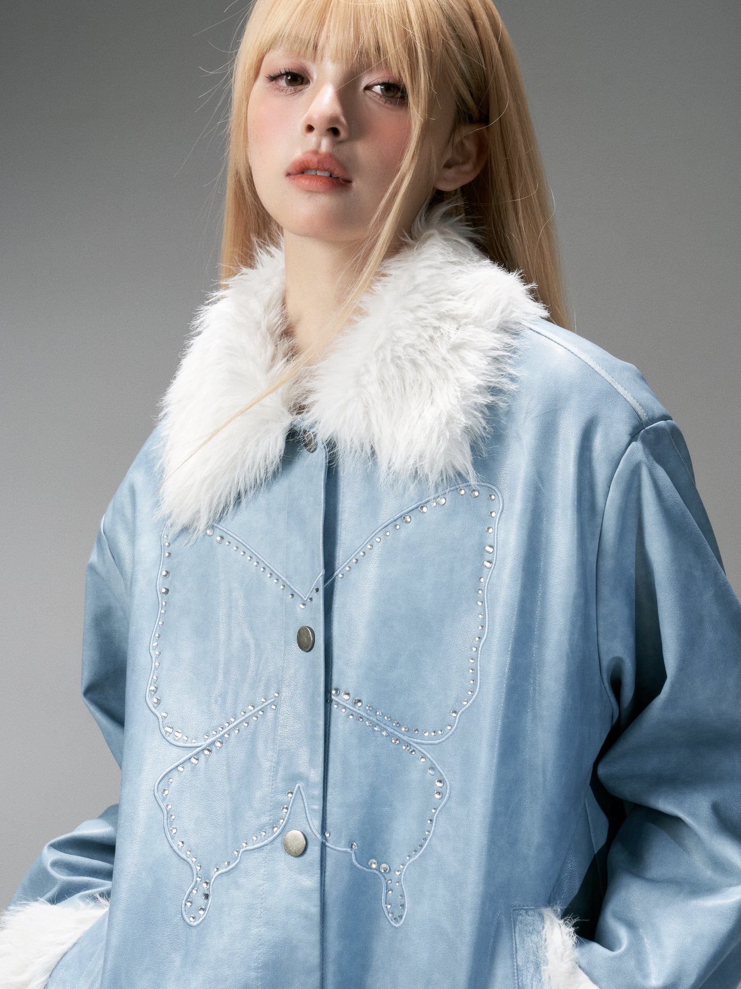 nu312 Retro Blue Butterfly Permed Fur Leather Jacket / Skirt