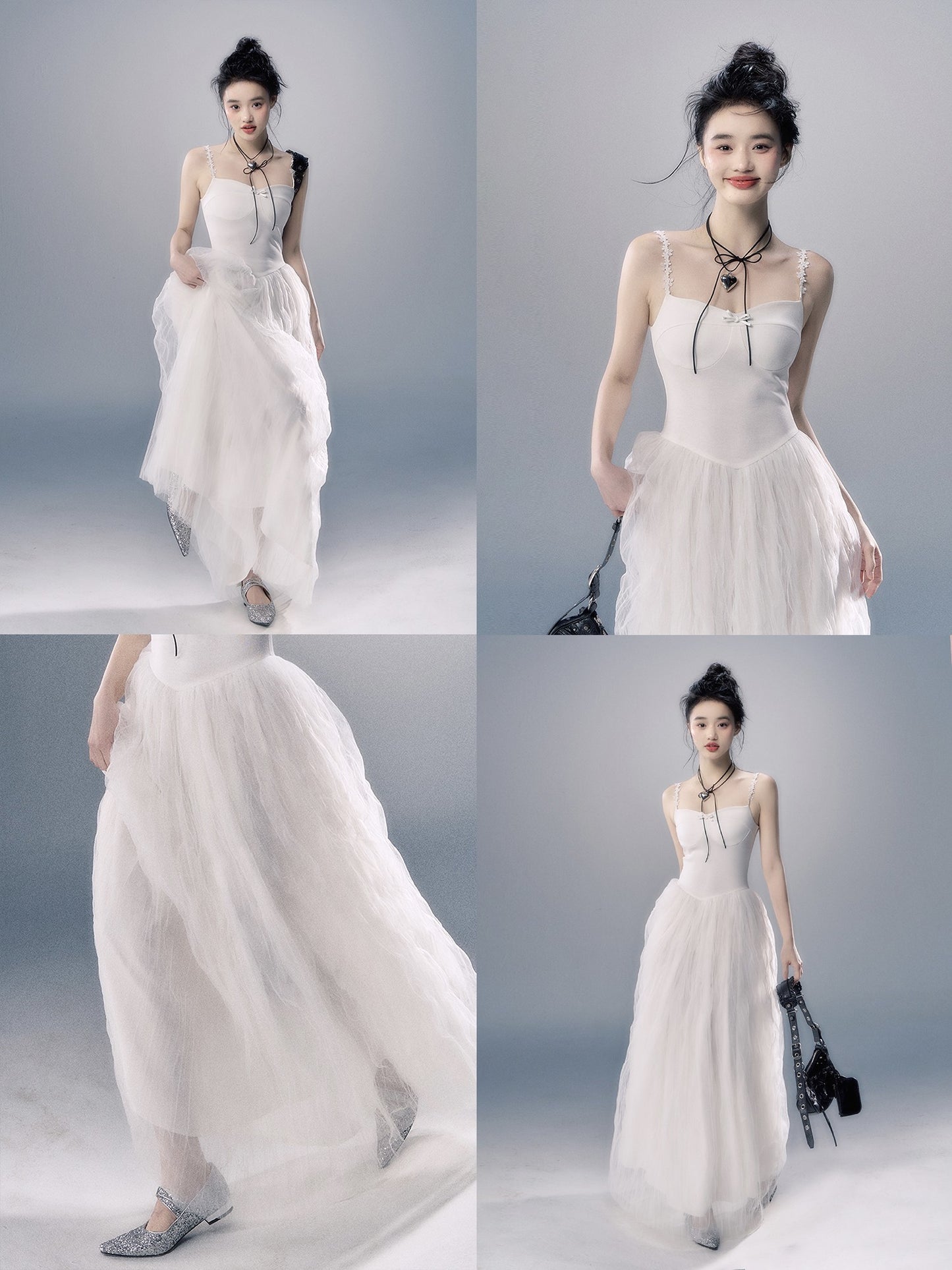 nu316 "Dream Flower" White Sling Mesh Spring Long Dress