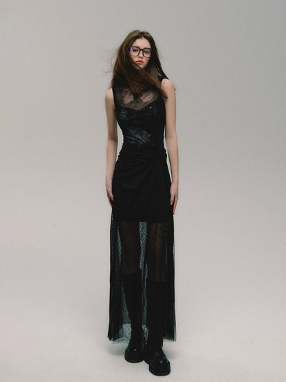 nu317 "Mo Lian" Black Elegant Mesh Slit Mid-Length Dress