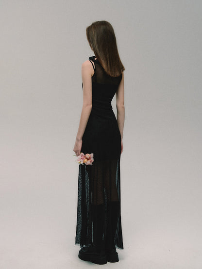 nu317 "Mo Lian" Black Elegant Mesh Slit Mid-Length Dress