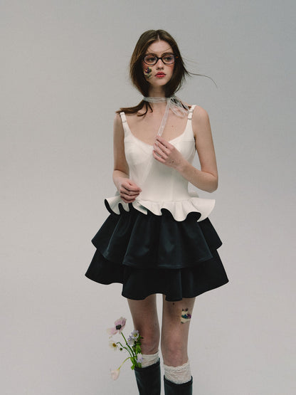 nu320 "Rose" black and white suspender spring short dress