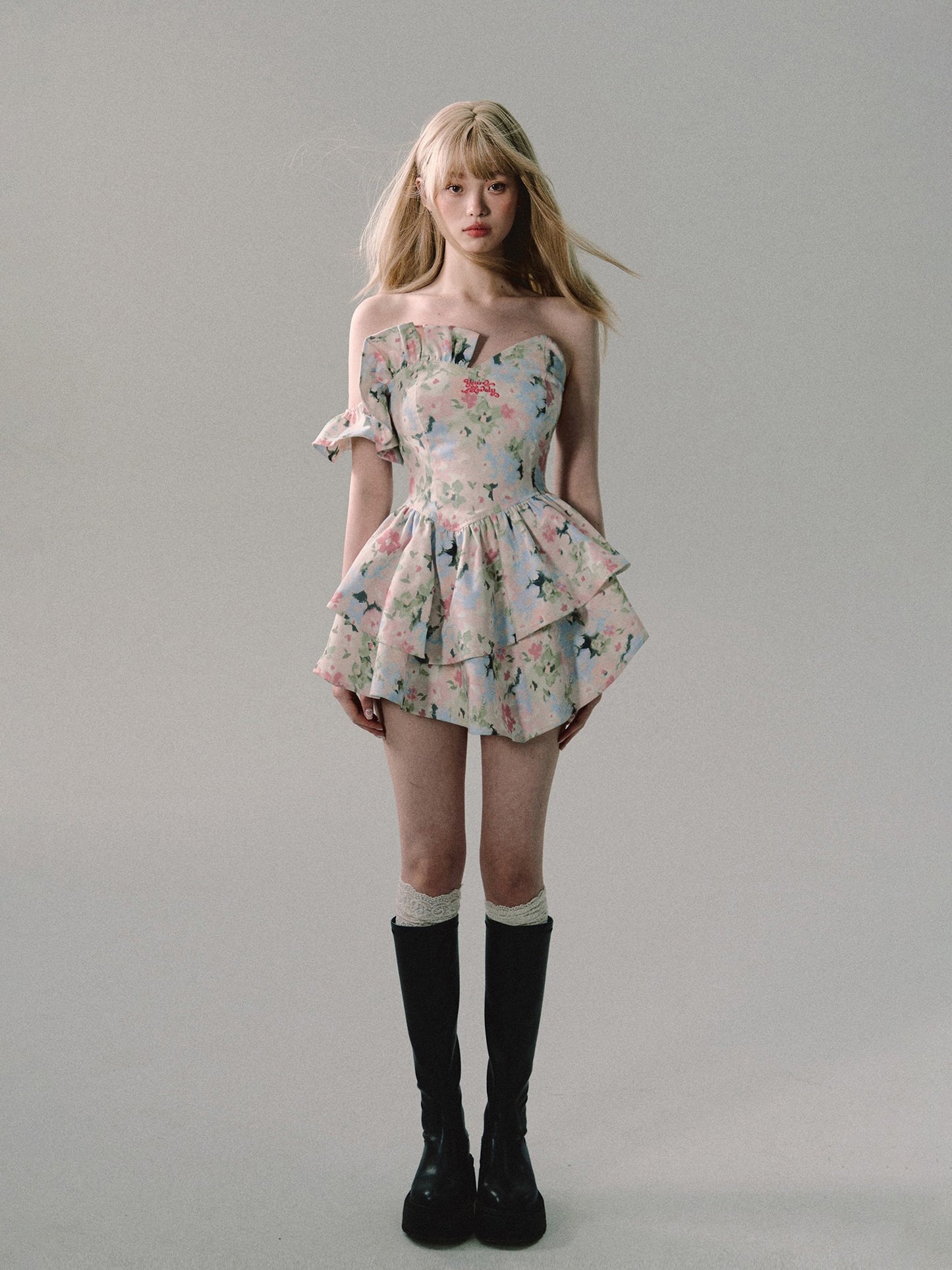 nu328 "If Flowers Weep" High-end Temperament Floral Short Dress