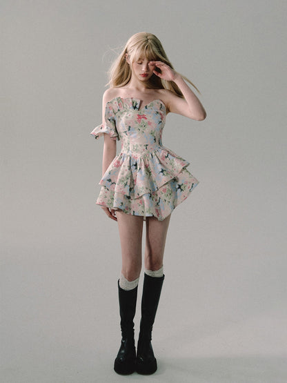 nu328 "If Flowers Weep" High-end Temperament Floral Short Dress