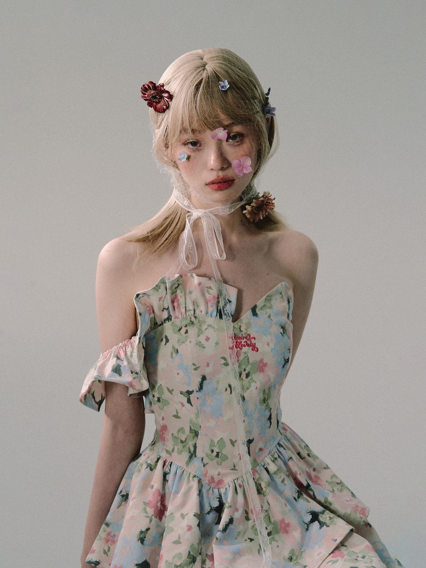 nu328 "If Flowers Weep" High-end Temperament Floral Short Dress