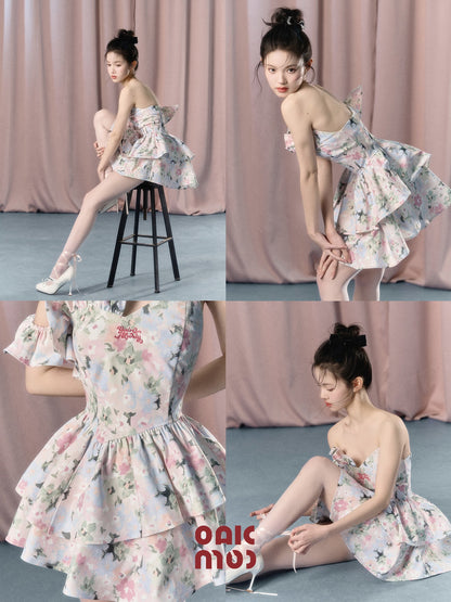 nu328 "If Flowers Weep" High-end Temperament Floral Short Dress