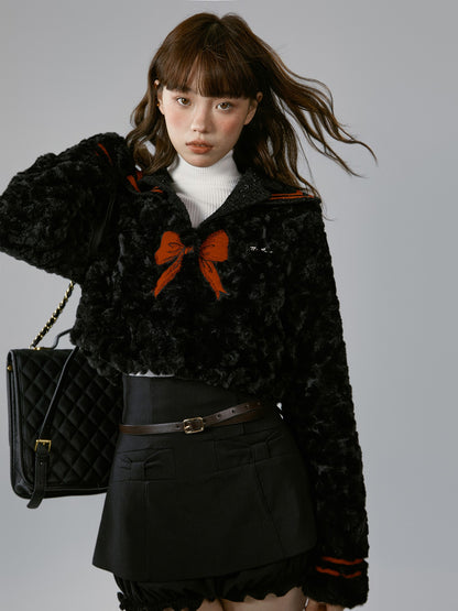 nu338 Black spliced ​​fur lapel short jacket