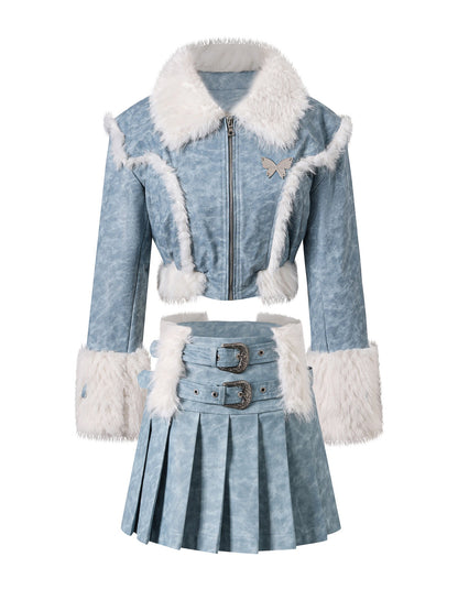 nu339 New style retro blue short coat + skirt two-piece set